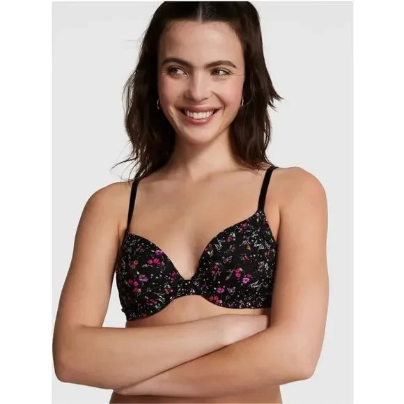 NWT Women's Victoria Secret Pink Black Floral Wear Everywhere Push Up Bra sz 38D - Picture 1 of 5